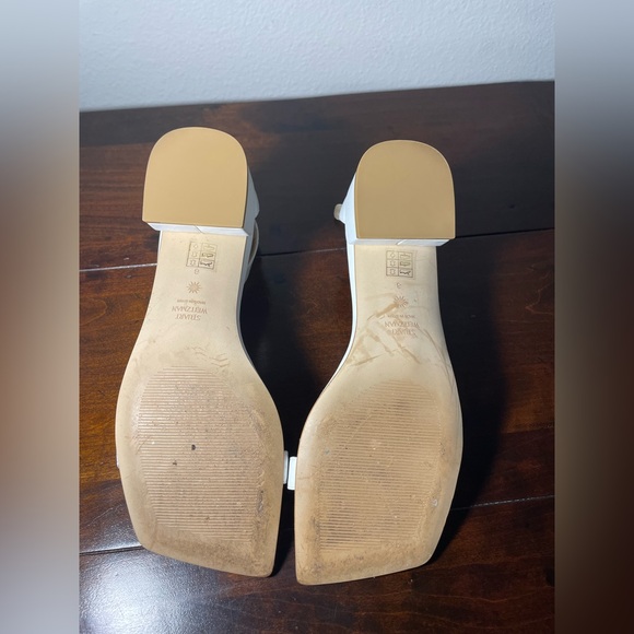 Stuart Weitzman "Nudistjune" White Leather Sandals with Square-toe, & Block Heel - Picture 9 of 10